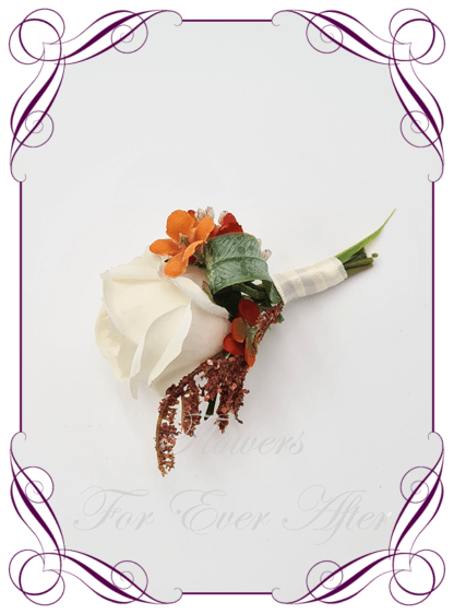 Men's wedding flowers faux silk artificial groom gents wedding formal button boutonniere with ivory rose bud, rust orange flowers, and native gum foliage. Made in Melbourne Australia