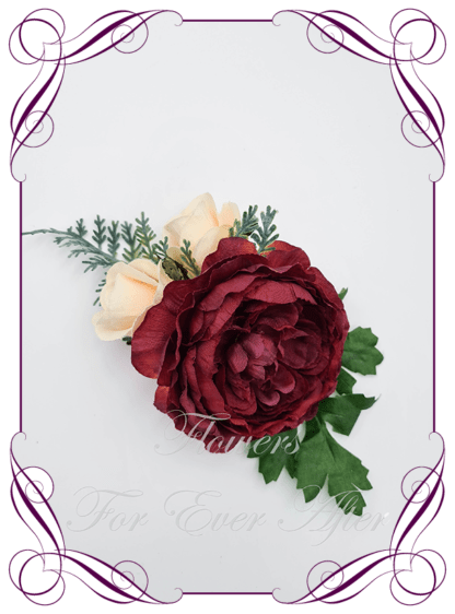 Silk artificial burgundy and apricot wedding, birthday, communion, confirmation, christening, naming, event, engagement cake topper decoration. Cake flowers. Cake florals. Made in Melbourne Australia by Australia's best silk florist.