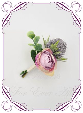 Men's wedding flowers faux silk artificial groom gents wedding formal button boutonniere with lavender mauve ranunculus, thistle flowers, and native gum foliage. Made in Melbourne Australia