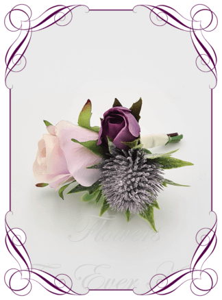 Men's wedding flowers faux silk artificial groom gents wedding formal button boutonniere with lavender mauve rose, thistle flowers, purple rose bud, and native gum foliage. Made in Melbourne Australia
