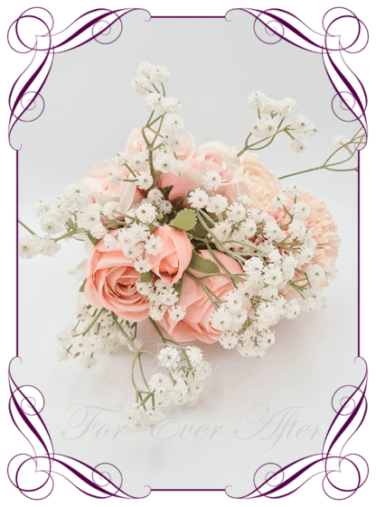 Artificial Bridal flowers in faux blush pink, dusty pink, cream, and ivory white. Silk Brides Bouquet posy, featuring faux flowers including phalaenopsis orchids, roses, chrysanthemum, and baby's breath gyp in a romantic elegant and unusual bridal style. Made in Melbourne by Australia's Best Artificial Bridal Florist. Buy now Online. Worldwide Shipping available