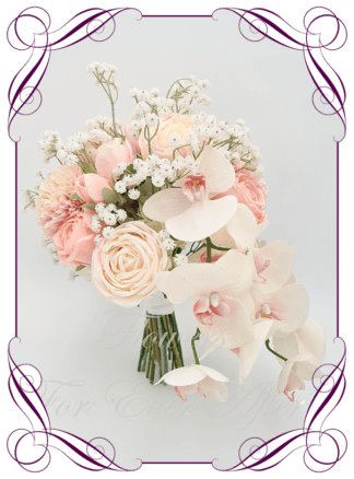 Artificial Bridal flowers in faux blush pink, dusty pink, cream, and ivory white. Silk Brides Bouquet posy, featuring faux flowers including phalaenopsis orchids, roses, chrysanthemum, and baby's breath gyp in a romantic elegant and unusual bridal style. Made in Melbourne by Australia's Best Artificial Bridal Florist. Buy now Online. Worldwide Shipping available