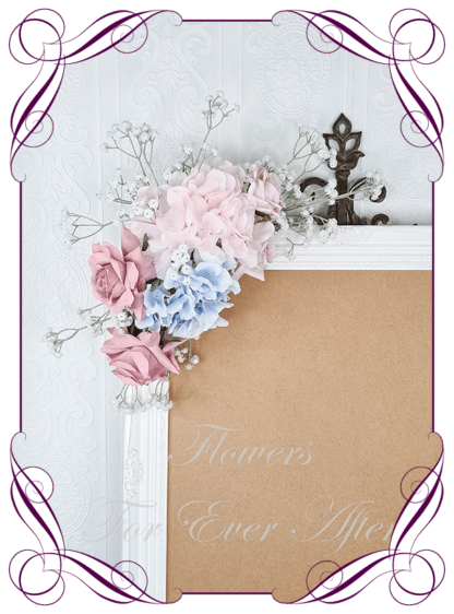 Silk Wedding ceremony sign flowers in artificial luxe pastel spring colour arbor florals. Décor for wedding ceremony and reception sign decoration. Faux Roses, baby's breath, hydrangea. Buy online now. Shipping world wide. Cheap wedding sign decoration ideas.
