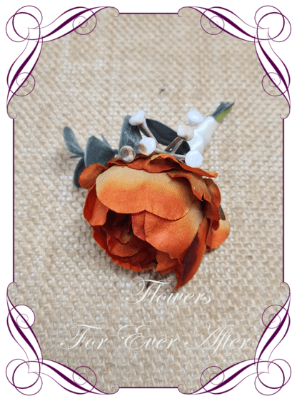 Men's wedding flowers faux silk artificial groom gents wedding formal button boutonniere with rust burnt orange flower, and foliage. Made in Melbourne Australia