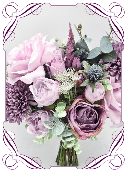 Artificial Bridal faux flowers in mauve, lavender, light purple, dusty mauve, and green. Silk Brides Bouquet posy, featuring faux flowers including roses, chrysanthemum, astilbe, peonies, thistle, blue gum, eucalypt, and Queen Anne's lace, in a romantic elegant and unusual rustic bridal style. Made in Melbourne by Australia's Best Artificial Bridal Florist. Buy now Online. Worldwide Shipping available
