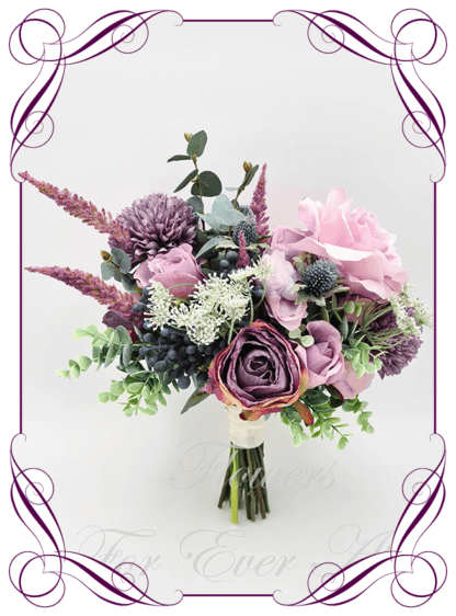 Artificial Bridal faux flowers in mauve, lavender, light purple, dusty mauve, and green. Silk Brides Bouquet posy, featuring faux flowers including roses, chrysanthemum, astilbe, peonies, thistle, blue gum, eucalypt, and Queen Anne's lace, in a romantic elegant and unusual rustic bridal style. Made in Melbourne by Australia's Best Artificial Bridal Florist. Buy now Online. Worldwide Shipping available