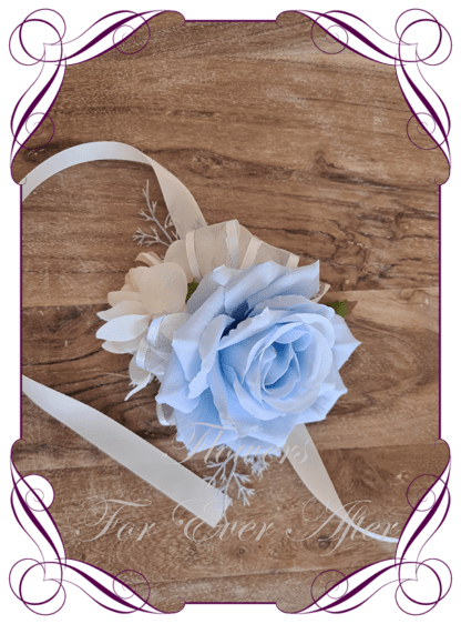 Silk flower corsage in light baby blue and White. Ladies corsage wrist corsage, for wedding mother of the bride groom, formal corsage, dance deb debutante corsage, prom corsage. Made in Melbourne Australia. Buy online.