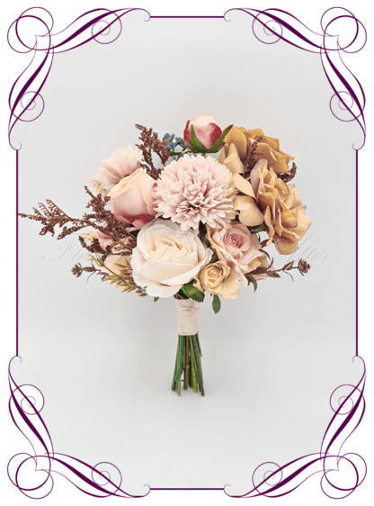 Silk Bridal Bouquet in an artistic renaissance colour theme. Realistic blush, peach, dusty blue, dusty pink, mustard toffee gold, brown, and cream faux flowers. Bridal posy, featuring artificial roses, carnations, peonies, wild flowers in a romantic elegant and unusual bridal style modern rustic wedding bouquets. Made in Melbourne by Australia's Best Artificial Bridal Florist. Buy online now. Worldwide Shipping available