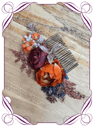 Silk flower hair florals for the bride in rust orange and burgundy.