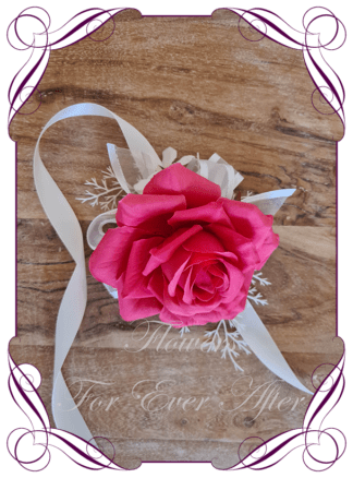 Silk flower corsage in hot pink and White. Ladies corsage wrist corsage, for wedding mother of the bride groom, formal corsage, dance deb debutante corsage, prom corsage. Made in Melbourne Australia. Buy online.