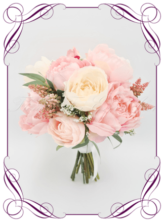 Elegant romantic silk artificial pink and cream peony bridal bouquet wedding flowers. Romantic wedding. Navy wedding. Dusty pink wedding. Blush pink wedding. Mauve wedding. Realistic silk flowers, modern classic style posy. Made in Melbourne. Shipping world wide, buy online.