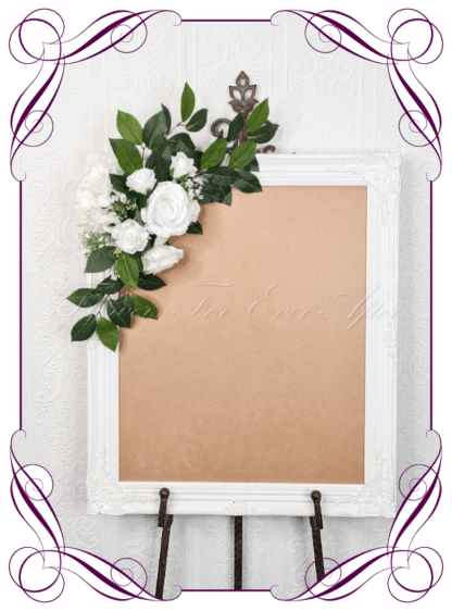 Wedding Ceremony Silk sign flowers. Artificial simple classic white and green sign florals decoration, for wedding ceremony backdrop decoration. Roses, hydrangea, baby's breath. Buy online now. Shipping world wide. Cheap wedding sign decoration ideas.