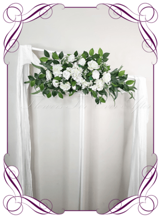 Wedding Ceremony Silk arbor flowers. Artificial simple classic white and green arbor florals decoration, for wedding ceremony backdrop decoration. Roses, hydrangea, baby's breath. Buy online now. Shipping world wide. Cheap wedding arbor decoration ideas.
