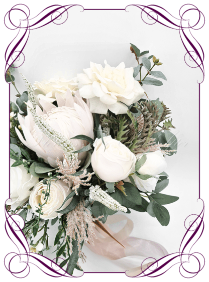 Elegant rustic silk artificial white king protea, pampas, roses and Australian native bridal bouquet wedding flowers. Romantic wedding. Navy wedding. Dusty pink wedding. Blush pink wedding. Mauve wedding. Realistic silk flowers, whimsical rustic style posy. Made in Melbourne. Shipping world wide, buy online.