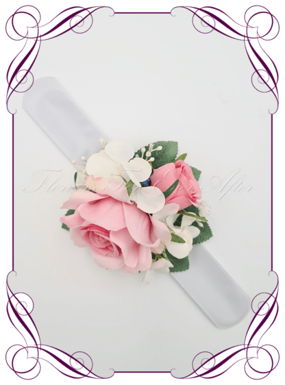 Silk flower corsage in pink and White. Ladies corsage wrist corsage, for wedding mother of the bride groom, formal corsage, dance deb debutante corsage, prom corsage. Made in Melbourne Australia. Buy online.