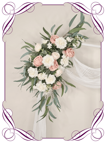 Wedding Ceremony Silk arbor flowers. Artificial blush pink, white and native eucalypt gum arbor florals decoration, for wedding ceremony backdrop decoration. Peony, roses and Australian native gum foliage. Buy online now. Shipping world wide. Cheap wedding arbor decoration ideas.