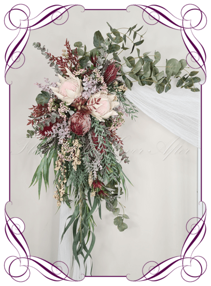 Wedding Ceremony Silk arbor flowers. Artificial Australian Native burgundy, cream and green arbor florals decoration, for wedding ceremony backdrop decoration. King protea, banksia, eucalypt foliage, gum leaves. Buy online now. Shipping world wide. Cheap wedding arbor decoration ideas.