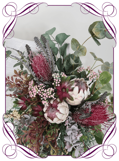 Wedding Ceremony Silk arbor flowers. Artificial Australian Native burgundy, cream and green arbor florals decoration, for wedding ceremony backdrop decoration. King protea, banksia, eucalypt foliage, gum leaves. Buy online now. Shipping world wide. Cheap wedding arbor decoration ideas.