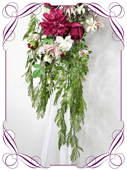 Wedding Ceremony Silk arbor flowers. Artificial raspberry burgundy, dusty pink, white and green arbor florals decoration, for wedding ceremony backdrop decoration. Peony, lily, orchids, baby's breath, roses and fern foliage. Buy online now. Shipping world wide. Cheap wedding arbor decoration ideas.