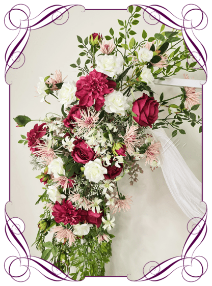 Wedding Ceremony Silk arbor flowers. Artificial raspberry burgundy, dusty pink, white and green arbor florals decoration, for wedding ceremony backdrop decoration. Peony, lily, orchids, baby's breath, roses and fern foliage. Buy online now. Shipping world wide. Cheap wedding arbor decoration ideas.
