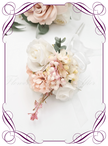 Silk artificial wedding flower girl ideas. Blush Pink and ivory white roses. Made in Melbourne. Buy online. Shipping worldwide.