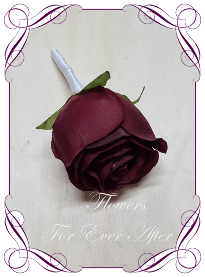 Men's wedding flowers faux silk artificial groom gents wedding formal button boutonniere with a burgundy rose. Made in Melbourne Australia