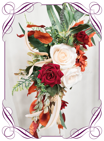Wedding Ceremony Silk sign board flowers. Artificial red burgundy, orange, cream, and sage green arbor florals decoration, for wedding ceremony backdrop decoration. Hydrangea, roses, peonies, native gum eucalypt foliage. Buy online now. Shipping world wide. Cheap wedding arbor decoration ideas.