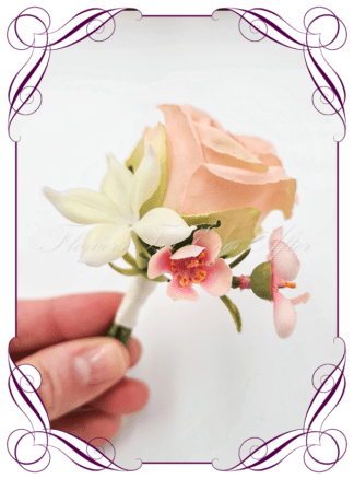 Men's wedding flowers faux silk artificial groom gents wedding formal button boutonniere with an apricot peach rose and pink. Made in Melbourne Australia