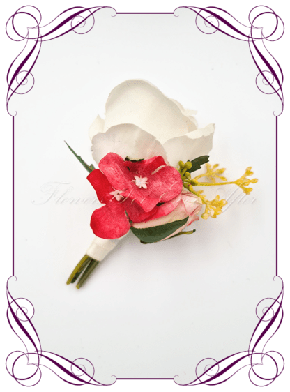 Men's wedding flowers faux silk artificial groom gents wedding formal button boutonniere with a white rose with coral, yellow, and pink. Made in Melbourne Australia