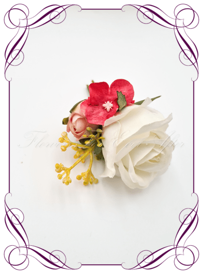 Men's wedding flowers faux silk artificial groom gents wedding formal button boutonniere with a white rose with coral, yellow, and pink. Made in Melbourne Australia