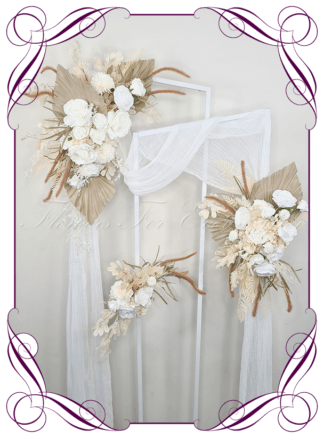 Wedding Ceremony Silk arbor flowers. Artificial white cream, and neutral arbor florals decoration, for wedding ceremony backdrop decoration. Hydrangea, roses, chrysanthemum, ferns, and dry look palms. Buy online now. Shipping world wide. Cheap wedding arbor decoration ideas.
