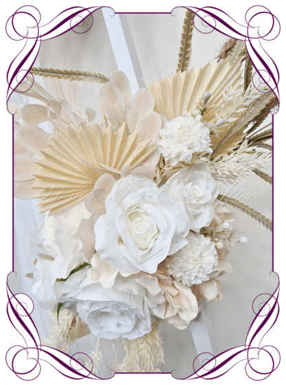 Wedding Ceremony Silk sign board flowers. Artificial white cream, and neutral arbor florals decoration, for wedding ceremony backdrop decoration. Hydrangea, roses, chrysanthemum, ferns, and dry look palms. Buy online now. Shipping world wide. Cheap wedding arbor decoration ideas.