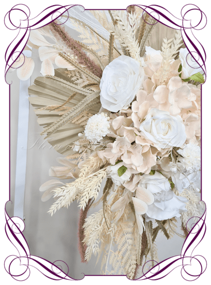 Wedding Ceremony Silk arbor flowers. Artificial white cream, and neutral arbor florals decoration, for wedding ceremony backdrop decoration. Hydrangea, roses, chrysanthemum, ferns, and dry look palms. Buy online now. Shipping world wide. Cheap wedding arbor decoration ideas.