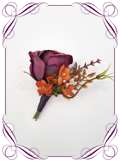 Men's wedding flowers faux silk artificial groom gents wedding formal button boutonniere in rust orange and purple. Made in Melbourne Australia