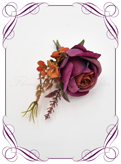Men's wedding flowers faux silk artificial groom gents wedding formal button boutonniere in rust orange and purple. Made in Melbourne Australia