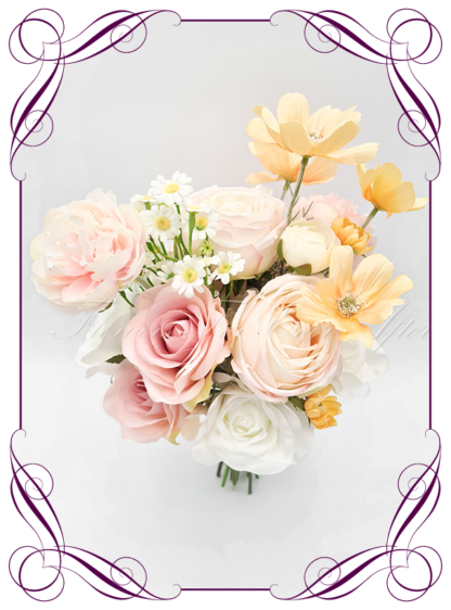 Silk artificial pastel coloured bridal wedding bouquet in blush pink, yellow, cream and white. Roses, dahlia, ranunculus, daisies. Romantic elegant wedding flowers. Cheap bridal bouquet package set. Made in Melbourne Australia. Buy online, post worldwide.