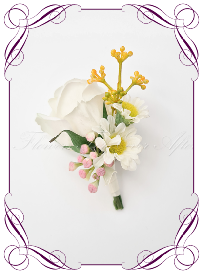 Men's wedding flowers faux silk artificial groom gents wedding formal button boutonniere in white, pink and yellow. Made in Melbourne Australia