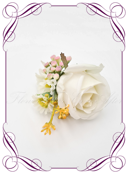 Men's wedding flowers faux silk artificial groom gents wedding formal button boutonniere in white, pink and yellow. Made in Melbourne Australia