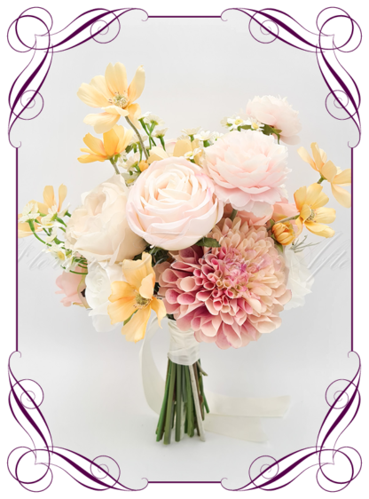 Silk artificial pastel coloured bridal wedding bouquet in blush pink, yellow, cream and white. Roses, dahlia, ranunculus, daisies. Romantic elegant wedding flowers. Cheap bridal bouquet package set. Made in Melbourne Australia. Buy online, post worldwide.