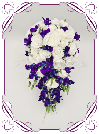 Silk artificial galaxy blue orchid and white cascade bridal wedding bouquet. Roses, blue purple orchids, baby's breath. Romantic elegant wedding flowers. Large unique bridal bouquet package set. Made in Melbourne Australia. Buy online, post worldwide.