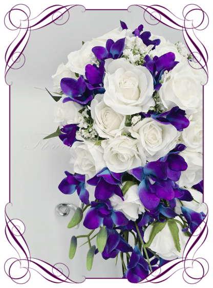 Silk artificial galaxy blue orchid and white cascade bridal wedding bouquet. Roses, blue purple orchids, baby's breath. Romantic elegant wedding flowers. Large unique bridal bouquet package set. Made in Melbourne Australia. Buy online, post worldwide.
