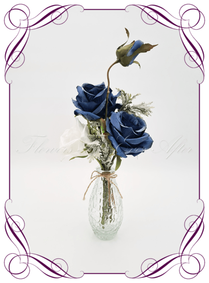 Silk faux navy dark blue and white table centrepiece decoration flowers. Wedding table florals. Shower table decorations. Luxe rustic romantic wedding table centrepiece with roses, baby's breath, and silver foliage. Cheap wedding table decoration flowers. Made in Australia. Buy online. Shipping world wide.