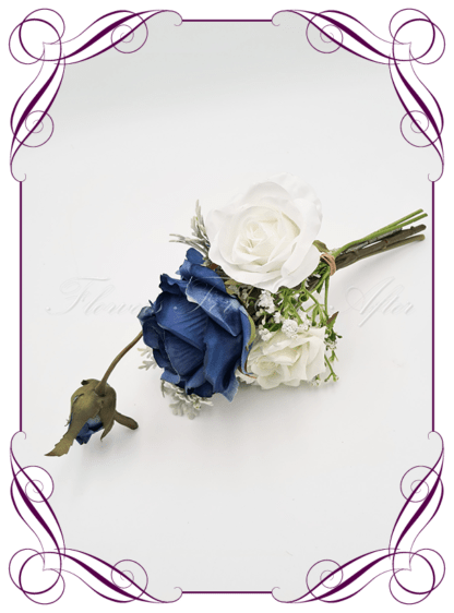 Silk faux navy dark blue and white table centrepiece decoration flowers. Wedding table florals. Shower table decorations. Luxe rustic romantic wedding table centrepiece with roses, baby's breath, and silver foliage. Cheap wedding table decoration flowers. Made in Australia. Buy online. Shipping world wide.