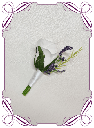 Men's wedding flowers faux silk artificial groom gents wedding formal button boutonniere in white and purple. Made in Melbourne Australia