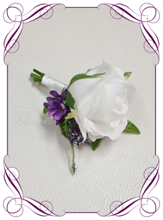 Men's wedding flowers faux silk artificial groom gents wedding formal button boutonniere in white and purple. Made in Melbourne Australia