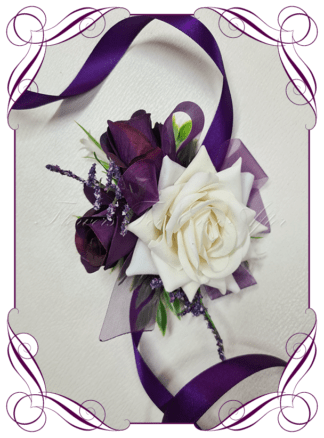 Silk flower corsage in purple and White. Ladies corsage wrist corsage, for wedding mother of the bride groom, formal corsage, dance deb debutante corsage, prom corsage. Made in Melbourne Australia. Buy online.