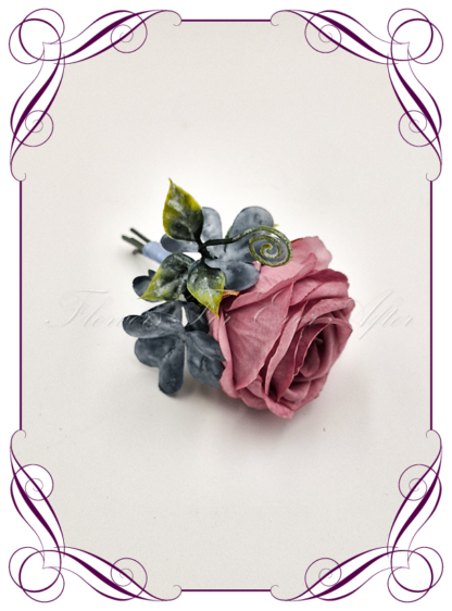 Men's wedding flowers faux silk artificial groom gents wedding formal button boutonniere in dusty pink and dusty blue. Made in Melbourne Australia