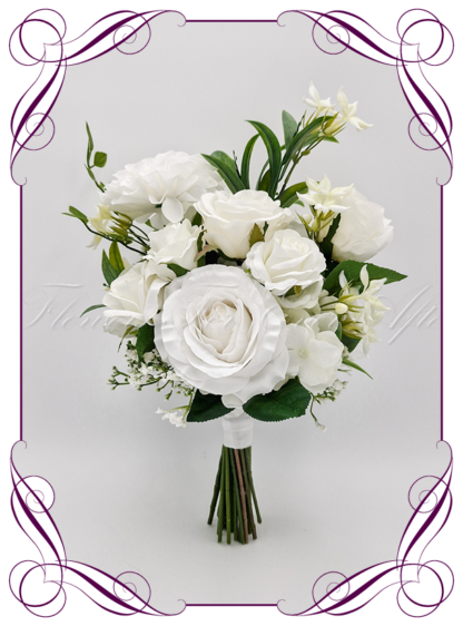 Artificial Bridal flowers in white and ivory flowers, with green foliage. Silk wedding Bouquet posy, featuring faux flowers in a romantic elegant and unusual bridal style, classic white and green wedding flowers, rustic wedding, boho flowers, traditional wedding bouquets. Made in Melbourne by Australia's Best Artificial Bridal Florist. Buy now Online. Worldwide Shipping available