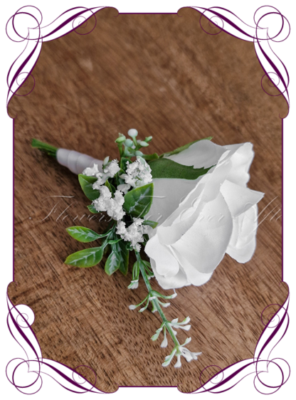 Men's wedding flowers faux silk artificial groom gents wedding formal button boutonniere in white and green. Made in Melbourne Australia
