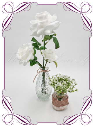 Silk faux white table centrepiece decoration flowers. Wedding table florals. Shower table decorations. Luxe rustic romantic wedding table centrepiece with roses . Cheap wedding table decoration flowers. Made in Australia. Buy online. Shipping world wide.
